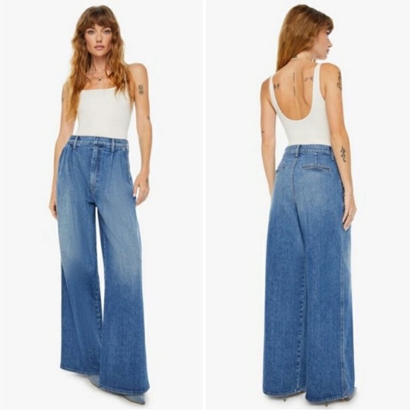 MOTHER Denim - CLARE V x MOTHER PLEATED BELL PREP HEELED WIDE LEG JEANS PLAYING‎ IN PARIS SZ 28